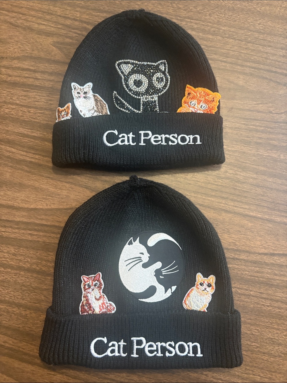 Cat Person Black Beanie Hats with Cat Patches and Bling Lot of 2